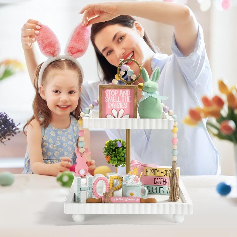 SYNCVIBE 8 PCS Easter Spring Decorations, Easter Bunny Tiered Tray Decoration Set, Spring Table Centerpieces 3D Wood Signs Decorative Plaques for Rustic Farmhouse Shelf Mantel Fireplace Office Desk Coffee Bar - Image 4